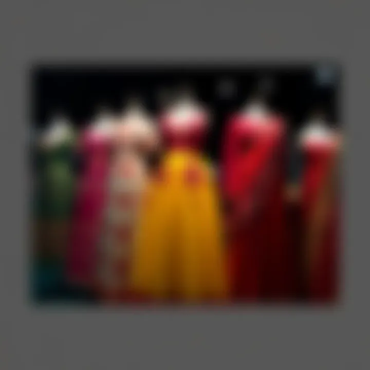 A vivid display of dresses showcasing the evolution from 'Sun in Splendour' to 'Sun in Rags', featuring vibrant patterns and colors that reflect the artistic journey.