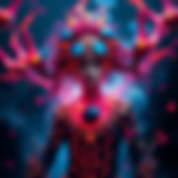 A person transforming into Kaithe, surrounded by vibrant energy and colors, showcasing a dramatic change from ordinary to extraordinary.