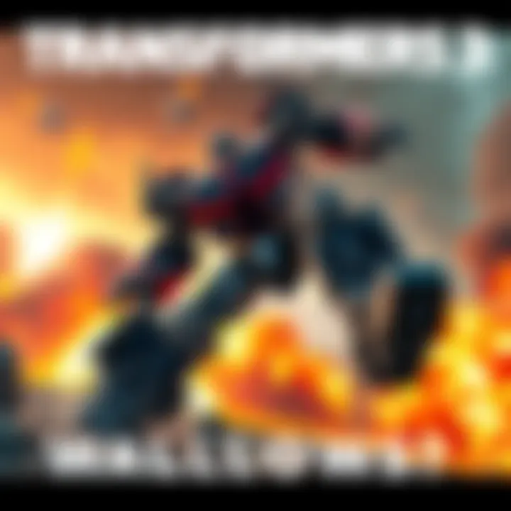 A dynamic scene showing a giant robot performing a wallrun, with background explosions and action elements, capturing the thrill of Transformers 3.