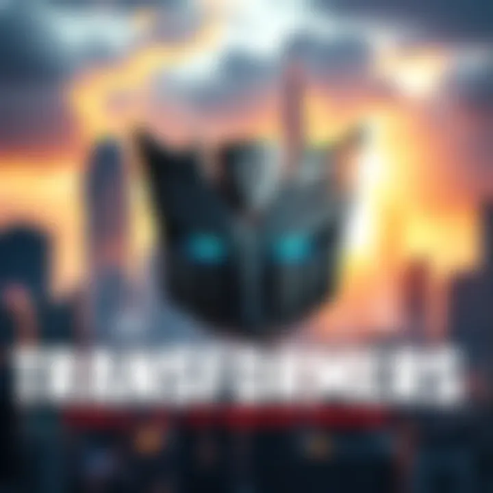 Logo of Transformers: Fall of Cybertron with a dramatic background of Cybertron cityscape