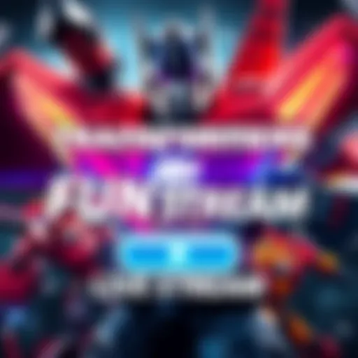 Colorful graphic featuring Transformers characters with a play button, inviting fans to join a live stream event.