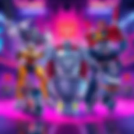 A vibrant illustration showing Transformers characters interacting with Skibidi Toilet characters in an exciting crossover setting.