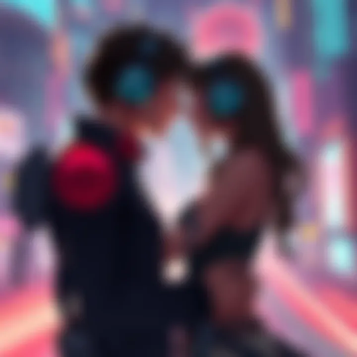 A romantic moment between characters in a futuristic city, showcasing high-tech elements and emotional connections.