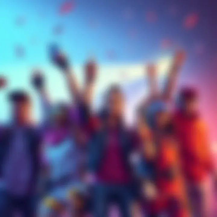 A visual representation of STW's shift to free-to-play, featuring a diverse group of gamers celebrating with V-Bucks and gaming gear.