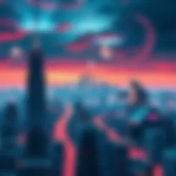 An illustration showing a city skyline with technology hubs where Transmat firing events are taking place, highlighting their influence on society.