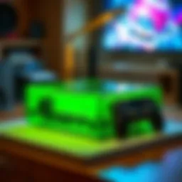 Transparent green Series X Console with a nostalgic look on display, showcasing its unique design.
