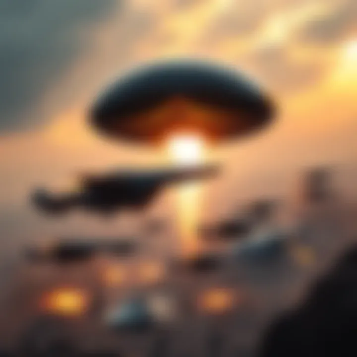 A transport pod launching from a slingshot station, with raiders dropping towards a battlefield below.