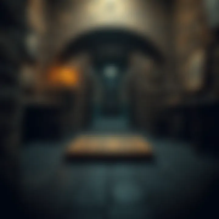 A close-up view of a wooden trapdoor on the floor of a dimly lit cell, surrounded by stone walls and rustic furnishings.