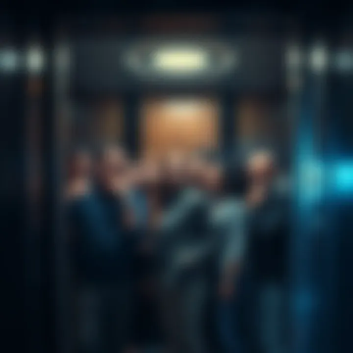 A group of worried people inside a cramped elevator, looking anxious and waiting for help