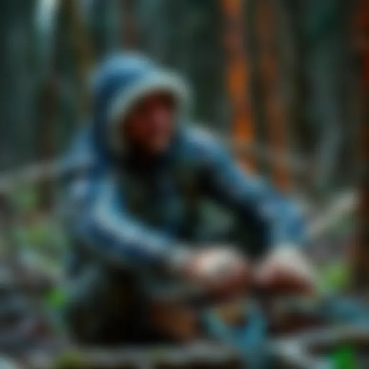A trapper setting bear traps in a forest, demonstrating his strategy for catching wildlife.