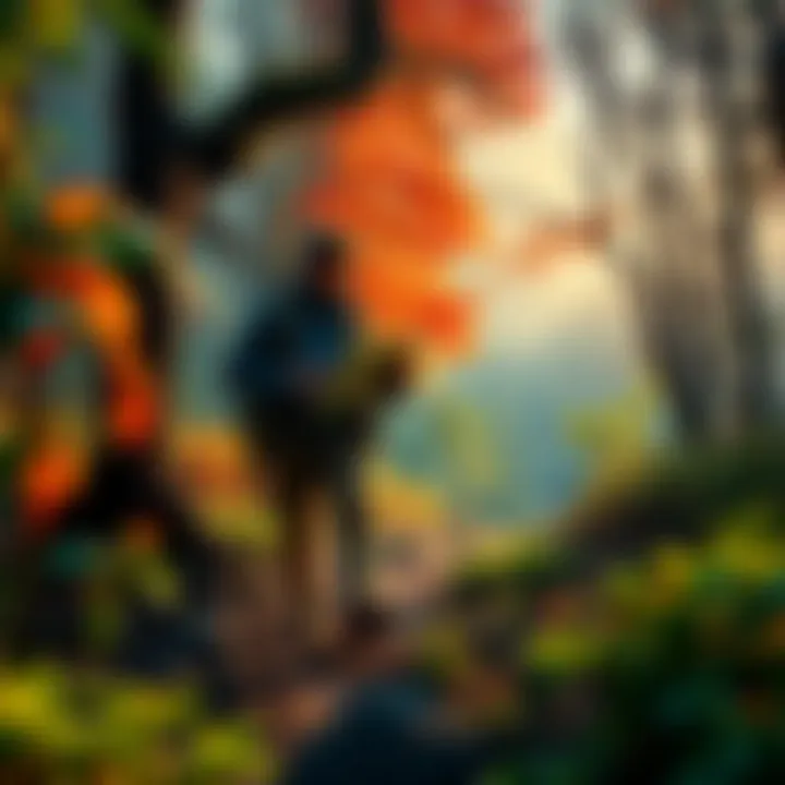 Trapper walking through a vibrant forest, looking at a map, surrounded by lush greenery and unknown paths