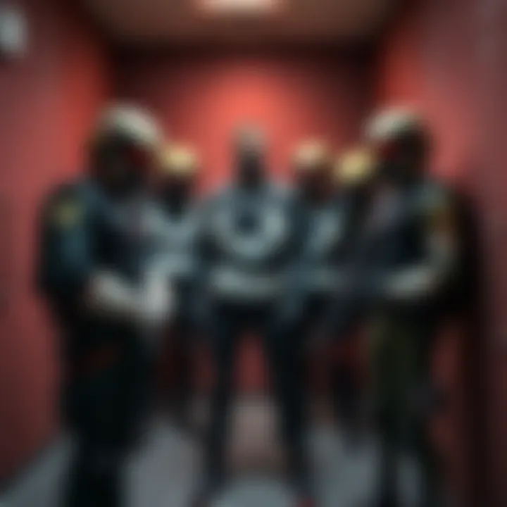 A trauma team evaluating white bulletproof vests and utility cosmetics in a fitting room