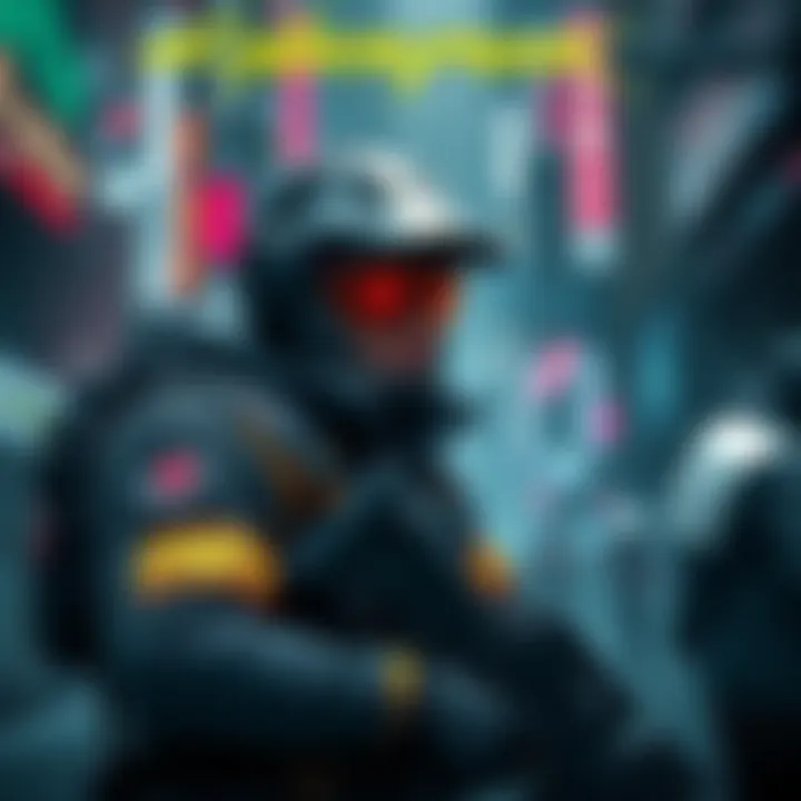 A high-tech Trauma Team member in tactical gear preparing for an intense mission in a futuristic city setting