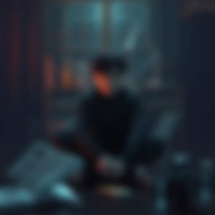 Traumatized Fictional Character A fictional character sitting alone in a dimly lit room, looking contemplative and distressed, reflecting deep emotional pain, with a backdrop of scattered books and film reels symbolizing storytelling.