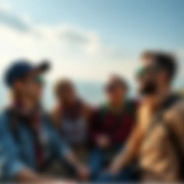 A group of friends laughing and enjoying a scenic view while traveling together.