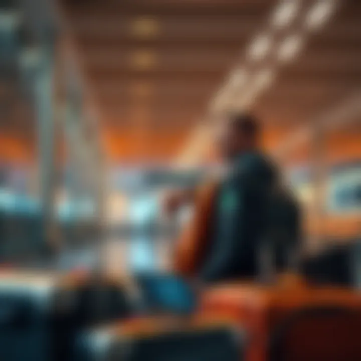 A person holding a Steam Deck with a protective cover while sitting in an airport lounge, surrounded by luggage