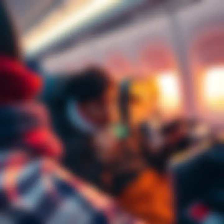 A person sitting on an airplane seat, focused on a handheld gaming device, surrounded by travel items like a neck pillow and a blanket.
