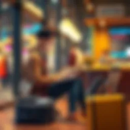 A traveler using a laptop in a cafe to shop for clothes online, with bags and a suitcase nearby.