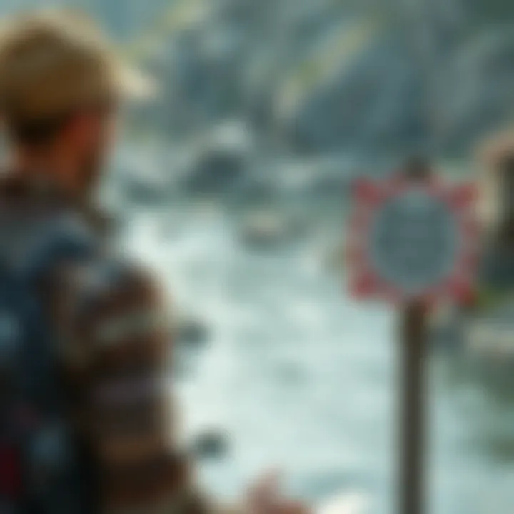 A traveler looks surprised while reading an unusual message on a sign near a river.