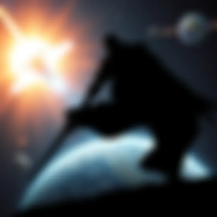 A cosmic scene showing the Traveler as a bright figure emanating light and the Witness as a dark shadowy silhouette. The background features stars and planets, highlighting their clash over Earth.