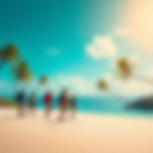 A group of travelers enjoying their adventure on a tropical island with palm trees and beach.