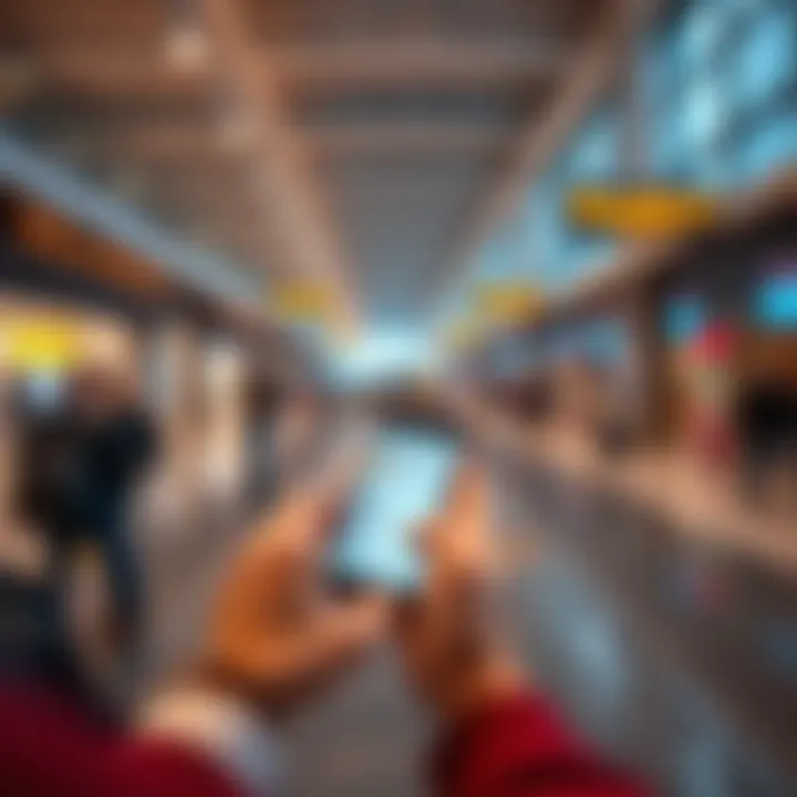 Person checking Microsoft Rewards on a smartphone while traveling in an airport.