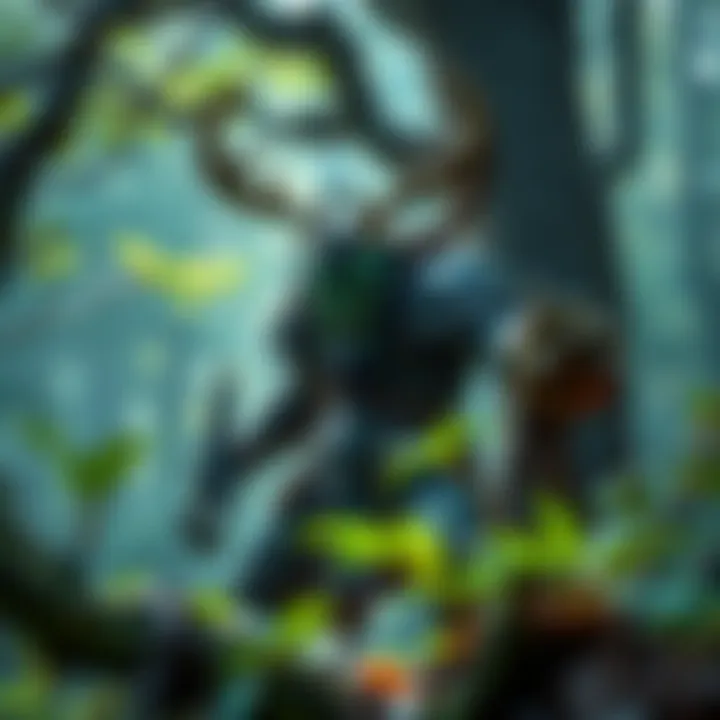 A Treant Druid surrounded by trees, showcasing armor and abilities in a vibrant forest scene.