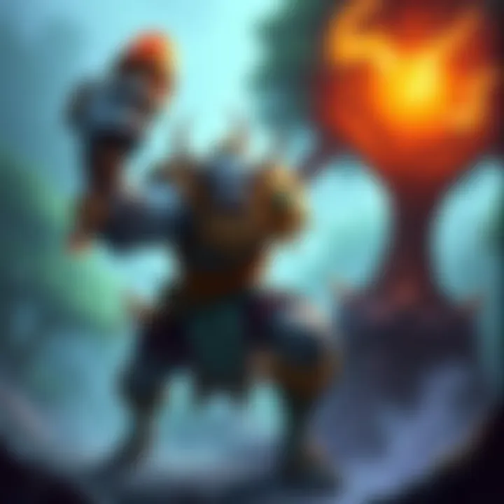 Treant Protector character holding a glowing Meteor Hammer in a battle scene, trees around him, showcasing a late-game strategy in a fantasy game setting.