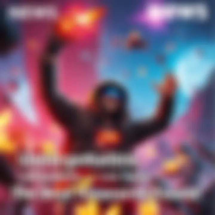 A gamer excitedly holds up high-tier gear in a vibrant game world, surrounded by sparkling loot and a dramatic backdrop of falling terrain.