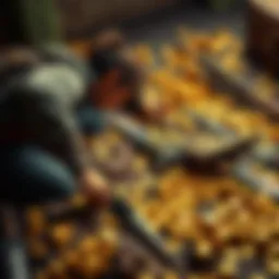 An adventurer digs in the ground looking for valuable weapons while surrounded by piles of gold coins.