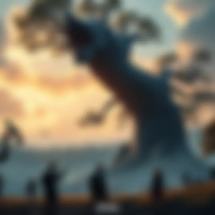 A large armored tree sentinel towering over a battlefield, with players in the foreground discussing strategies.