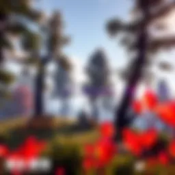 Trees and Crystals in Game A scene showing trees with pop-in effects and red crystals in a game environment, highlighting concerns about visibility and detail distance.