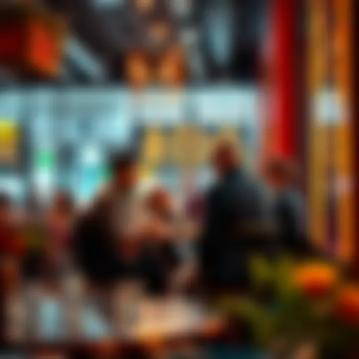 A group of people discussing popular trends and events related to the Who in a lively café setting.
