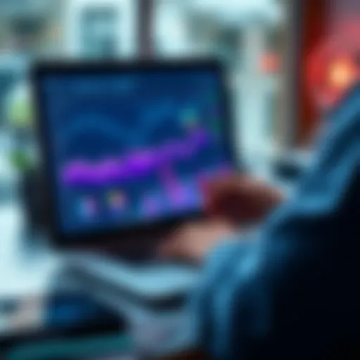 A person analyzing charts and data on a laptop with graphs indicating trends for 2025.