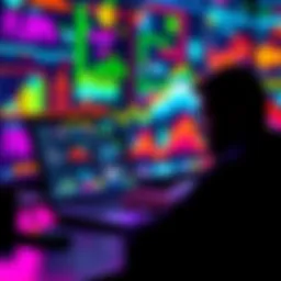 A person looking at digital trends on a laptop screen, with vibrant graphics representing technology and media changes in the background.
