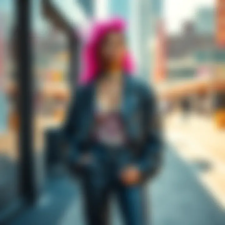 A model showcases bold fashion pieces with vibrant colors and unique styles, standing confidently in a chic urban setting.