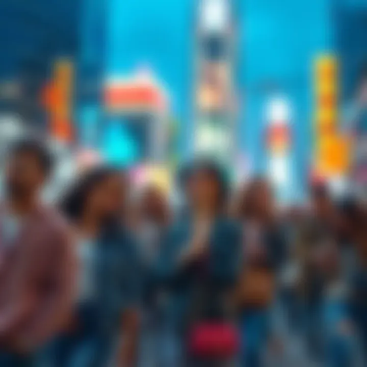 A group of stylish people enjoying modern fashion and technology in a vibrant city setting.