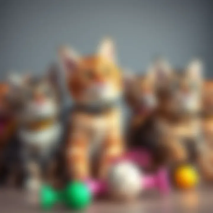 A group of playful cats wearing fashionable collars and playing with toys, showcasing the latest trends in the cat community.