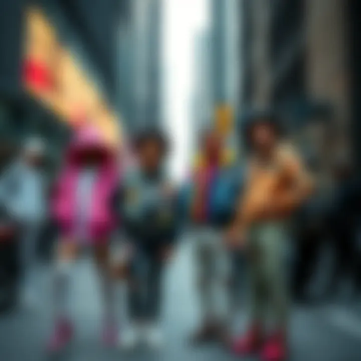 A group of people showcasing stylish drip fashion with bold colors and unique accessories in an urban setting.