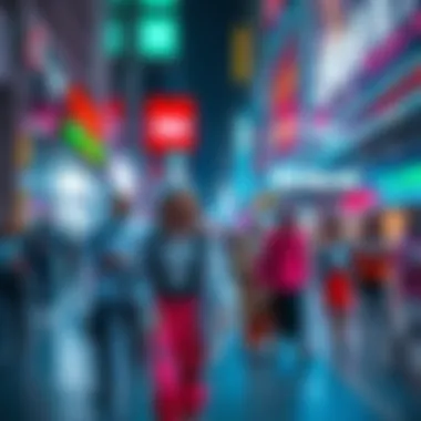 A vibrant street scene showing people in futuristic clothing using advanced gadgets, representing the trends of 2025.