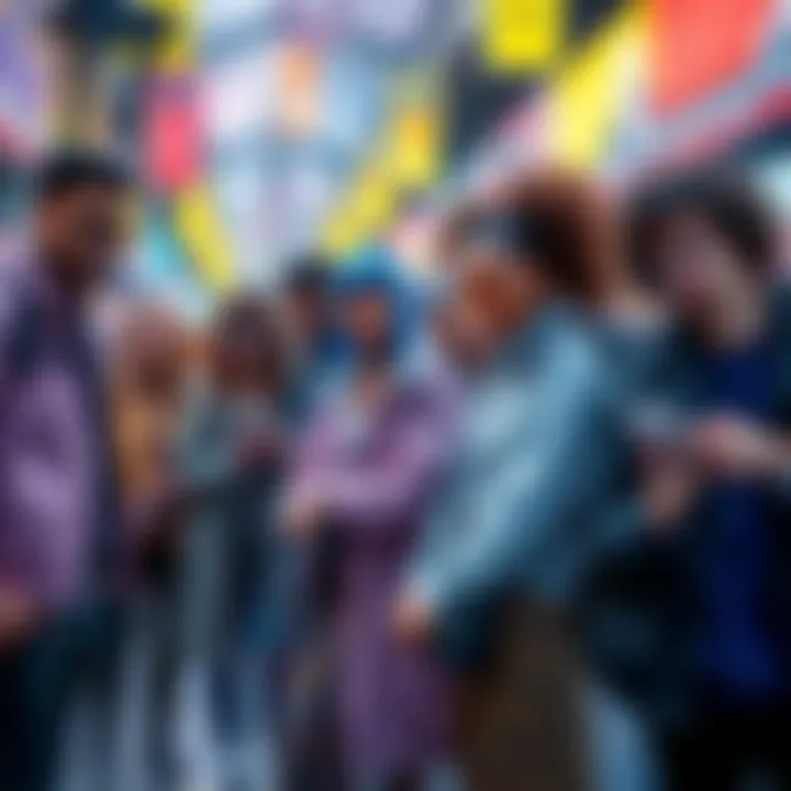 A group of diverse people showcasing unique fashion styles while using futuristic gadgets in a lively urban setting.