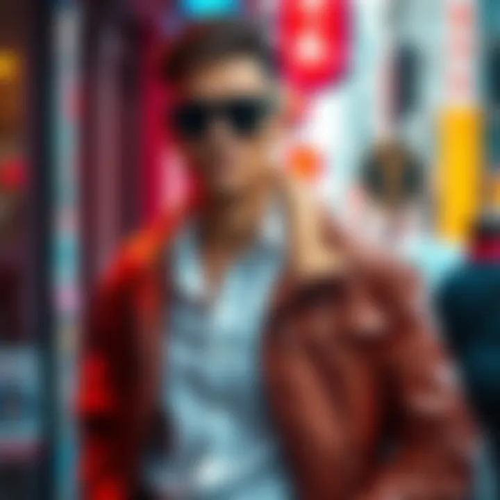 A model showcases a trendy new merchant outfit complete with a fashionable jacket, highlighting modern style and elegance.