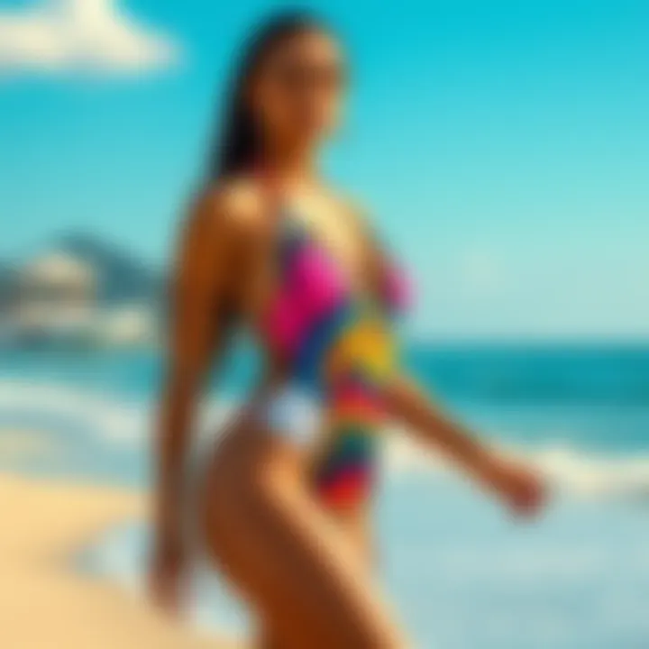 A model wearing a vibrant one piece swimsuit with bold patterns at the beach