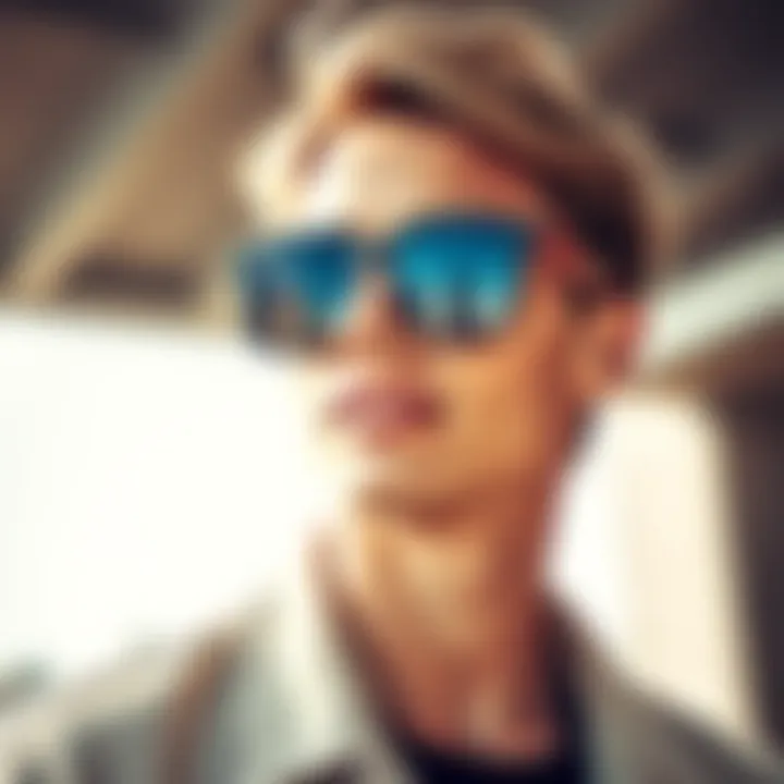 A person wearing stylish prescription sunglasses outdoors, showcasing a fashionable look with bright sunlight in the background.