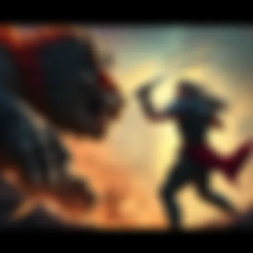 Trevor Belmont brandishing his whip stands ready to battle Battle Beast, who prepares to charge with his fierce expression. They are in a dramatic showdown setting.