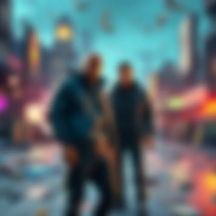 Trevor Phillips from GTA 5 stands in a chaotic scene with a mysterious character, both looking surprised, surrounded by scattered objects and a vibrant city backdrop.