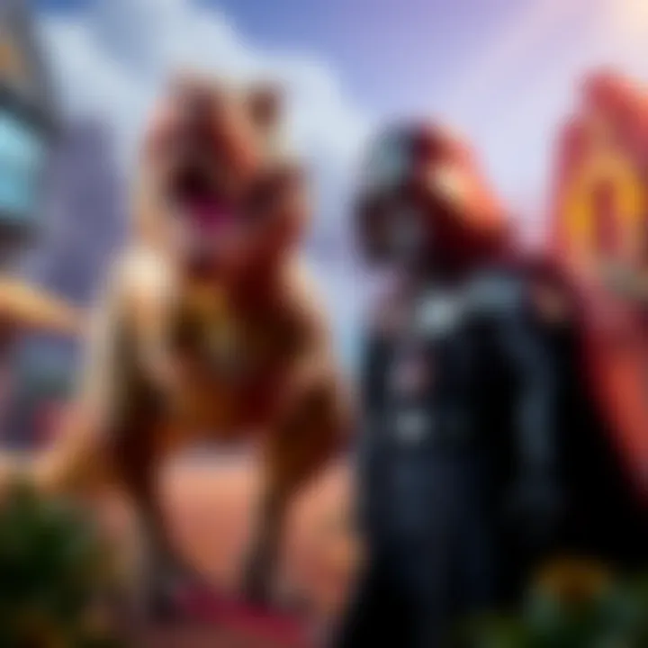 A T-Rex dinosaur stands next to Darth Vader in a colorful game environment, showcasing the excitement of fans wanting them in Deebeedee.