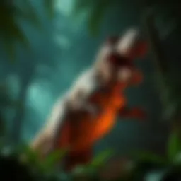 A large, menacing Trex dinosaur standing in a dense jungle, showcasing its sharp teeth and powerful stance, symbolizing the iconic character from the game