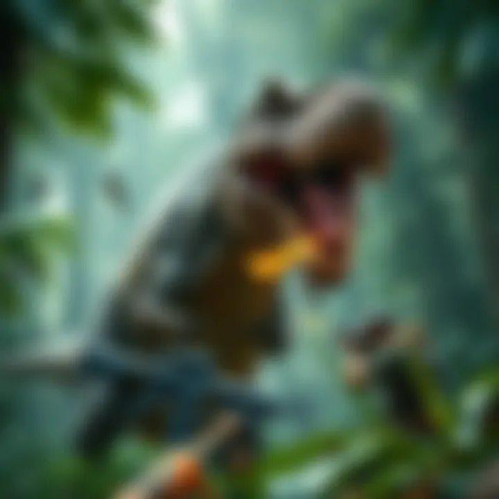A new player battling a large T. Rex in a jungle setting, showcasing weapons and strategy use against the dinosaur.