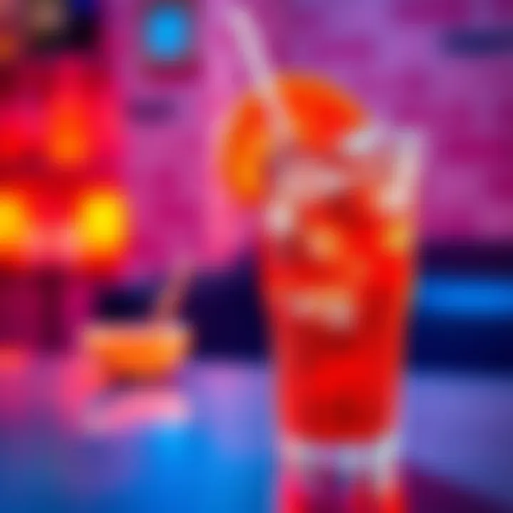 A vibrant red drink known as Tri Pop served in a clear glass with ice and a slice of fruit